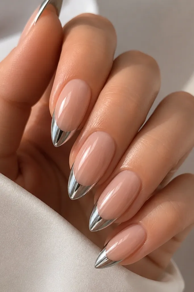 A set of almond nails. The base is sheer nude. The French tip is a thin, crisp arc in steel silver chrome cat-eye. A bright vertical stripe runs down the center of each tip, and the rest of the nail is mirror-gloss.
