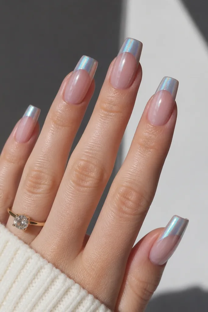 Square-leaning almond nails with a milky nude base. The French tip is icy blue chrome cat-eye, showing a pale blue vertical stripe. Under the flash, it shifts slightly toward silver at the edges, like an aurora ribbon.