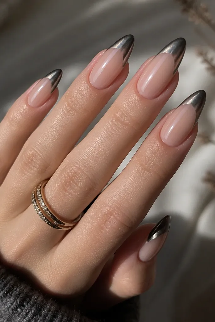 Long almond nails with a sheer pink nude base. French tips are deep charcoal-black chrome cat-eye, with a bright silver-gray stripe centered on each tip. The surface is mirror-gloss and looks smoky in ambient light.