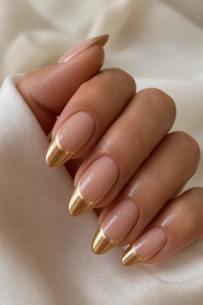 Almond nails with a nude-beige base. French tips are champagne gold chrome cat-eye with a warm golden stripe down the center. The cuticles have a thin glossy seal that looks like a clear glaze.