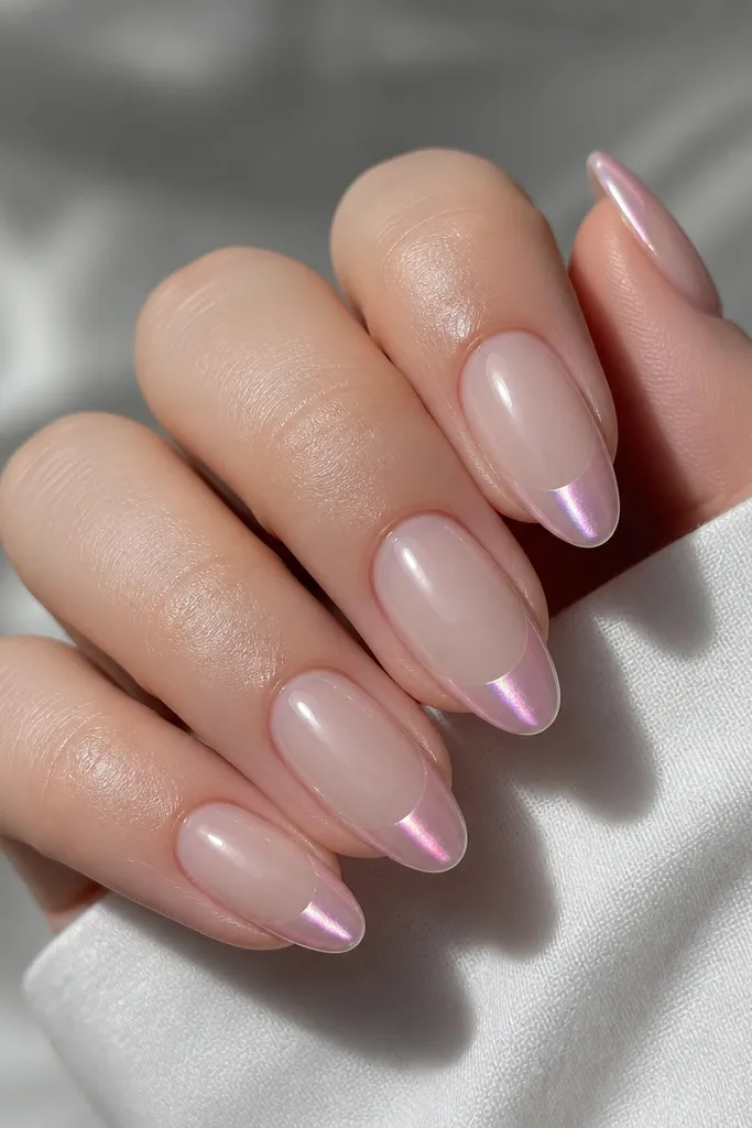 Medium almond nails with a milky nude base. The French tip is aurora pink chrome cat-eye, shifting toward silver at the edges. A bright pink-to-silver stripe runs down the center of each tip under light.