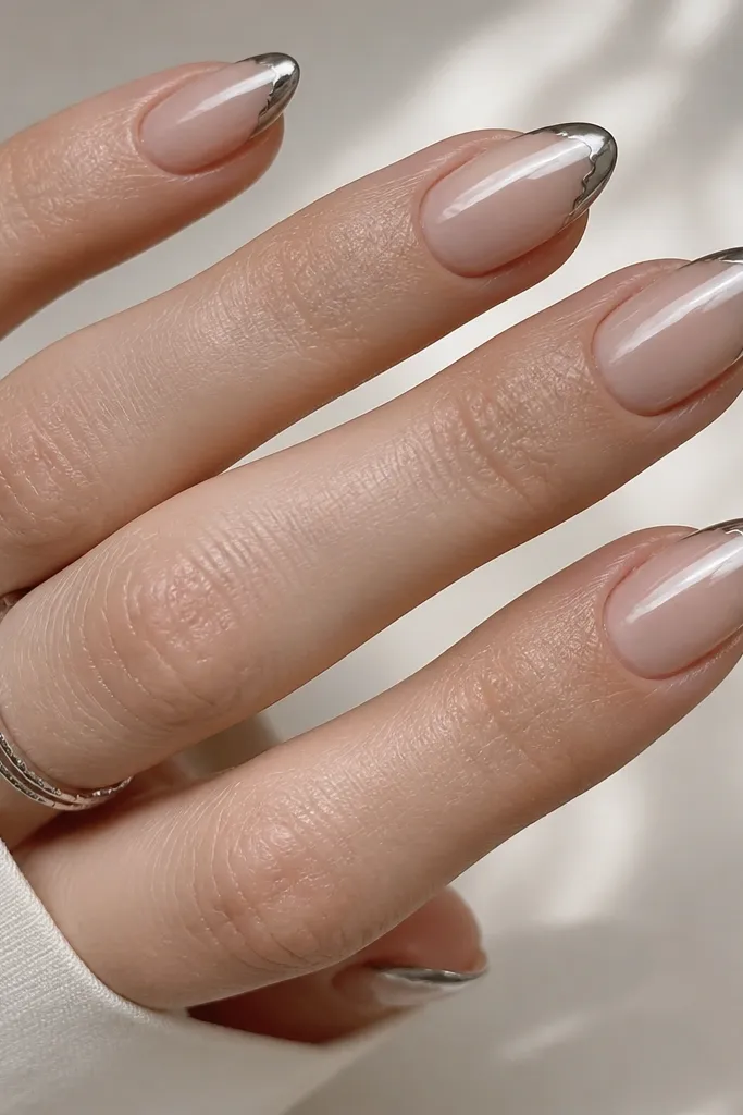 Short almond nails. Base is sheer nude. French tips are glossy silver chrome cat-eye with a slightly irregular, torn-glaze edge on the outer border. The center stripe is bright and clean.