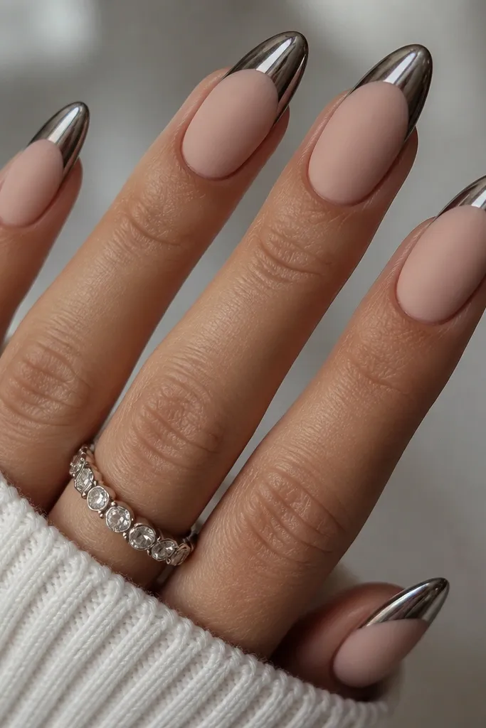 Almond nails with a matte nude base (flat, velvety finish). The French tips are glossy silver chrome cat-eye with a bright vertical stripe. The top of the tips reflects like a mirror.