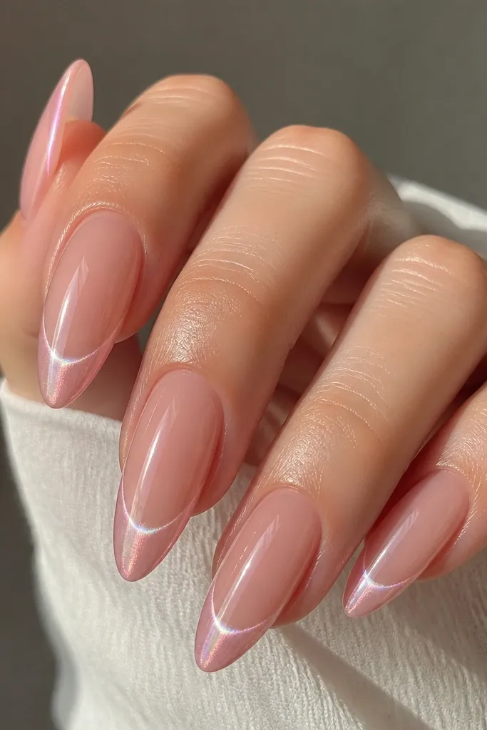 Long almond nails with a clear jelly base tinted pale pink. French tips are rose quartz pink chrome cat-eye with a soft bright stripe. The nails look glassy, like they're filled with liquid light.