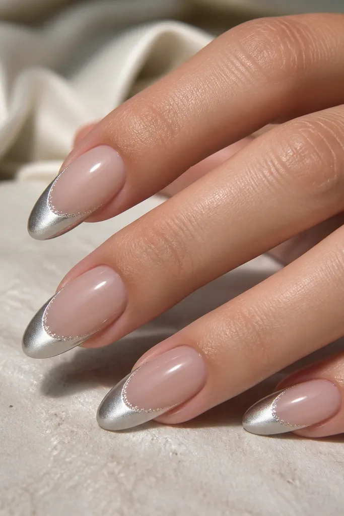 Almond nails with sheer nude base. French tips are glacier silver chrome cat-eye with a bright center stripe. On each side of the tip, there's a tiny line of micro-sparkle gel that catches light at an angle.