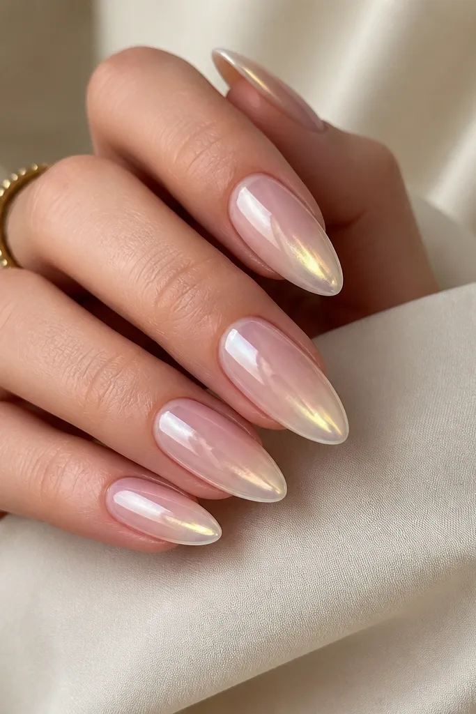 Almond nails with a sheer pink base. French tips are pearl white chrome cat-eye, with a soft opal stripe down the center that shifts to pale gold. The overall finish is glossy and smooth.