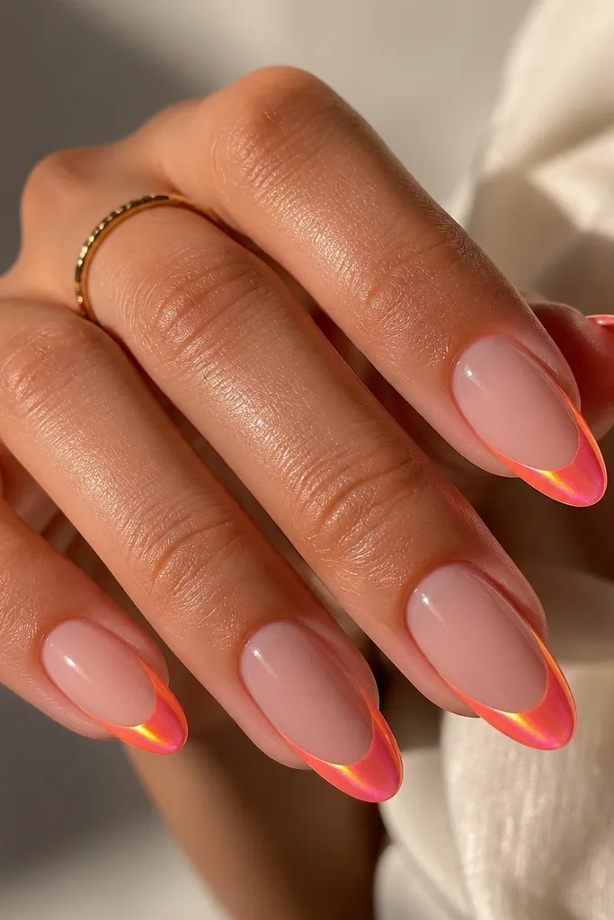 Medium almond nails with a sheer nude base. French tips are neon coral chrome cat-eye, with a bright sunset stripe that shifts toward peach and gold. The tips are glossy and reflect warm light.
