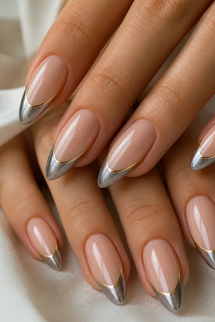 Almond nails with a nude base. The French tip has a thin gold outline along the smile line. Inside the tip, chrome cat-eye creates a bright silver or steel center stripe. The whole surface is mirror glossy.