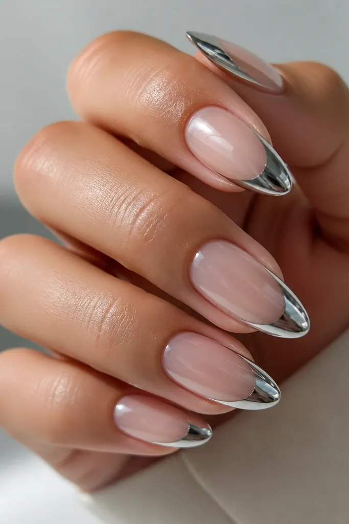 Chrome Cat Eye French Tip Nails for a Futuristic Glossy Look