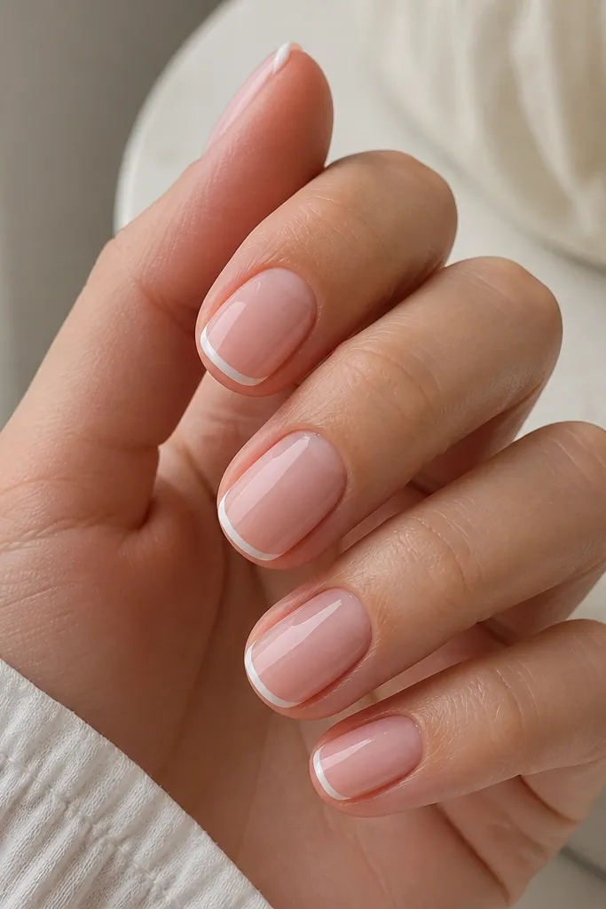 Short oval nails painted sheer blush pink with a very thin white French line only at the tips; glossy top coat; cuticle area is clean and slightly translucent.