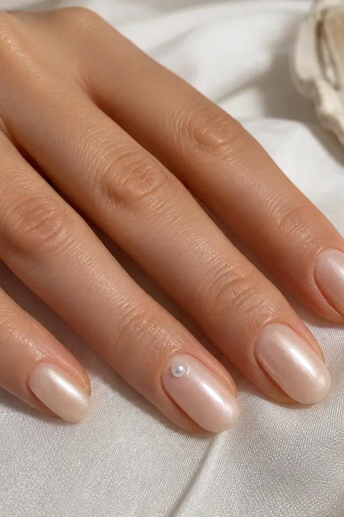 Nude nails with a soft pearly sheen like oyster shell; one ring finger nail has a tiny single pearl stud near the cuticle; everything is high gloss.
