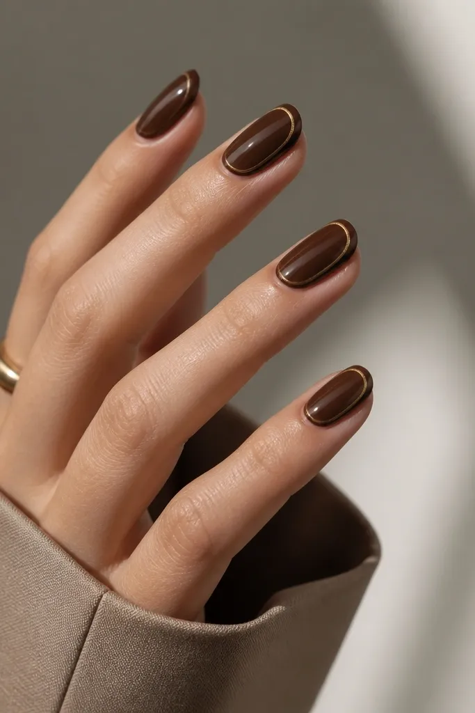 Deep chocolate brown nails, glossy; each nail has a thin gold line tracing the perimeter near the tip and sides, like a minimal frame.