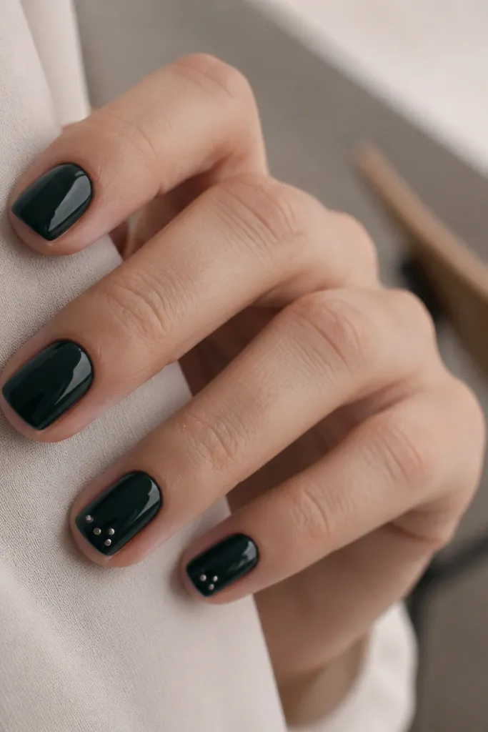 Short nails in a blackened teal (almost deep green-black), glossy; on two nails there are three tiny silver dots arranged in a small triangle near the free edge.