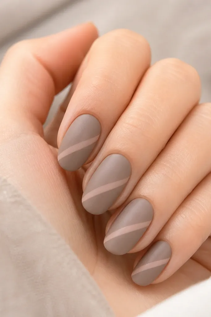 Taupe nails with a matte-satin finish; one diagonal stripe in a sheer nude runs from lower left to upper right on each nail; clean cuticles.