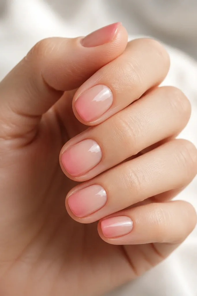 Short nails with a glossy nude base; the tips fade into a glazed rose pink ombré, leaving the cuticle area clear.