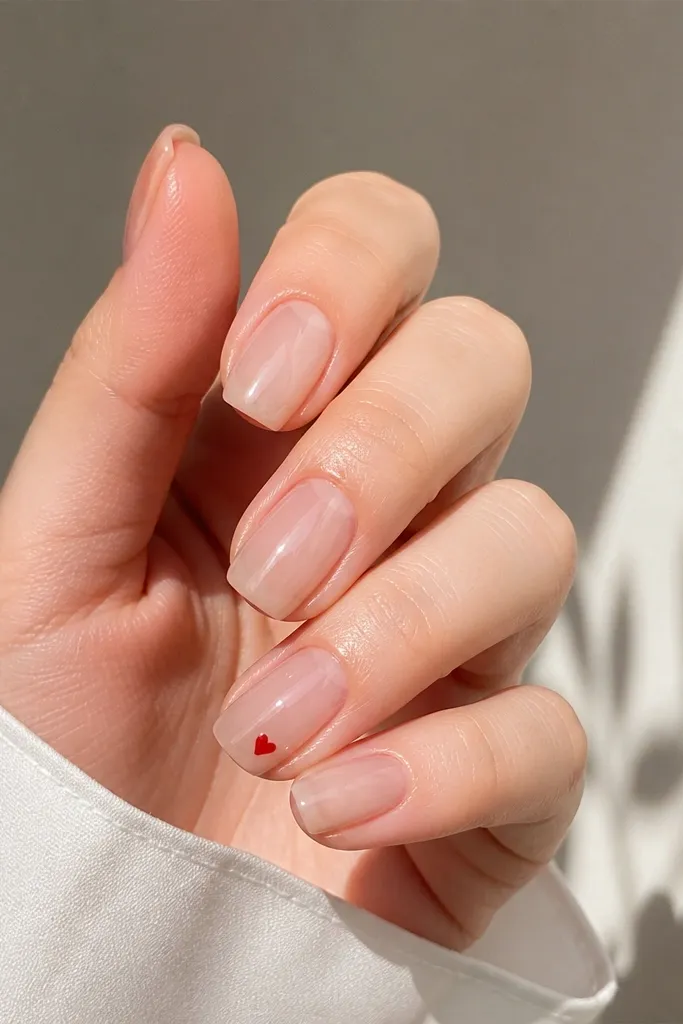 Transparent jelly nails with a glossy look; on one nail a tiny red heart sits near the tip; other nails are plain jelly gloss.