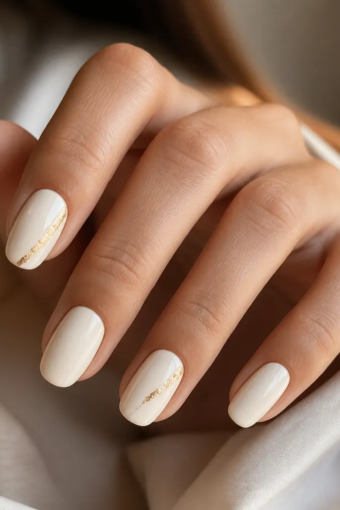 Ivory cream nails in glossy finish; on one or two nails there's a small gold foil flick angled diagonally from the mid-nail toward the tip.