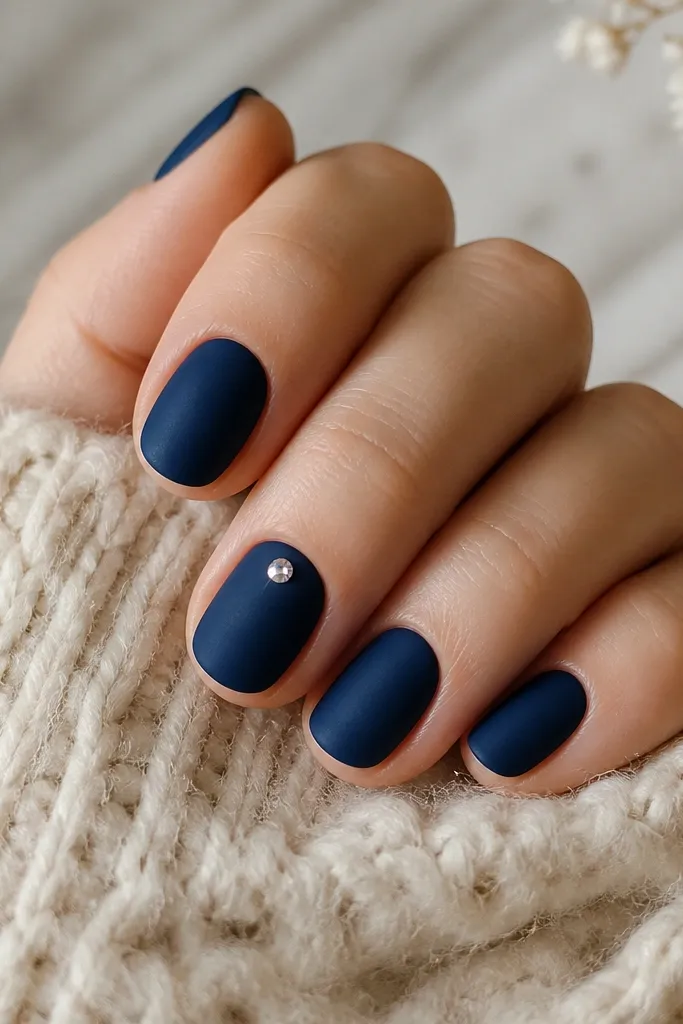 Short nails in deep navy with a soft velvet matte finish; one nail has a single clear crystal placed near the cuticle; other nails are plain matte.