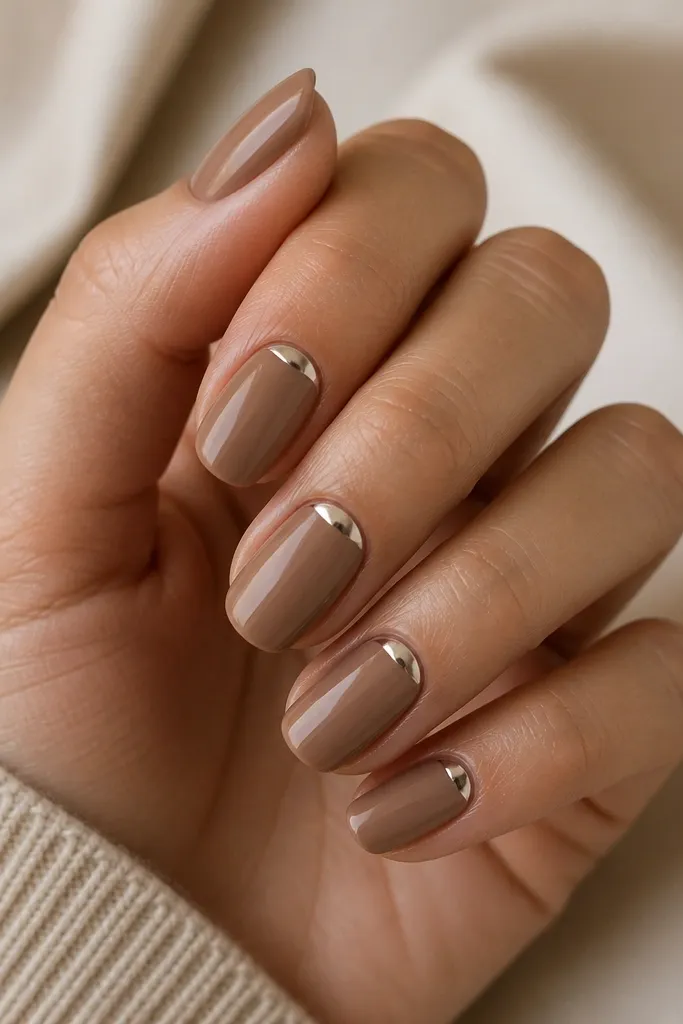 Mocha nude nails with glossy finish; each nail has a tiny chrome half-moon at the cuticle line; micro and centered.