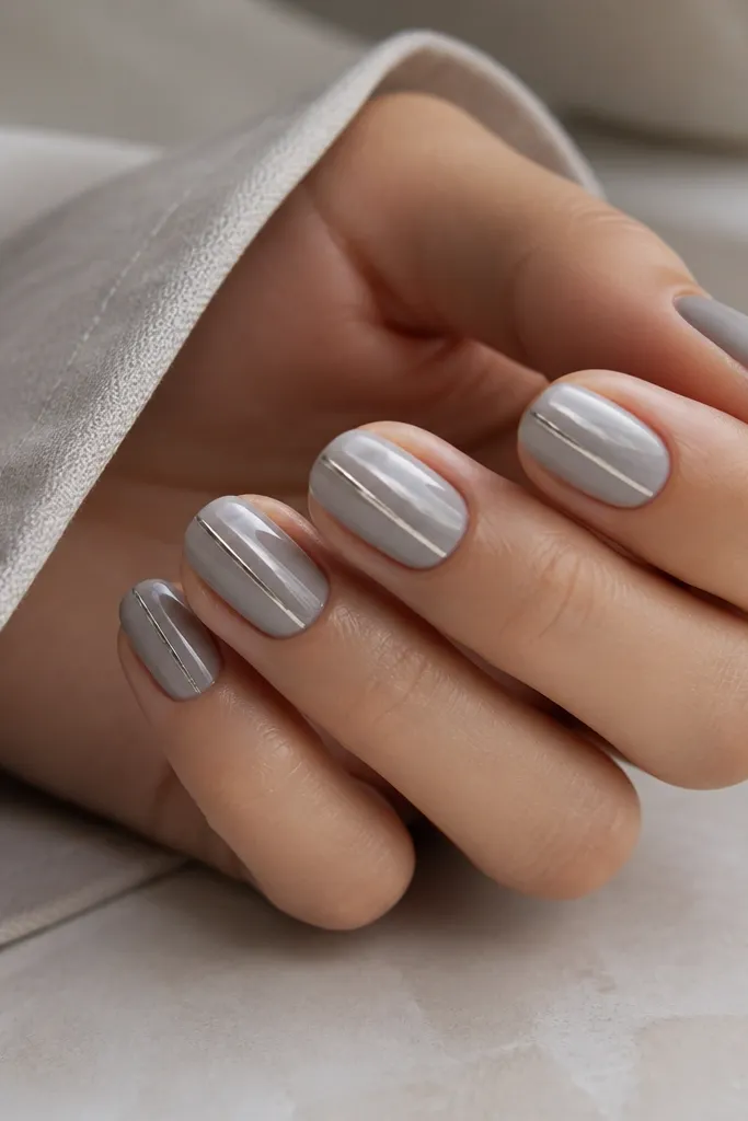 Pearl grey nails with glossy finish; on each nail there is a single thin silver line running down one sidewall near the center of the nail.