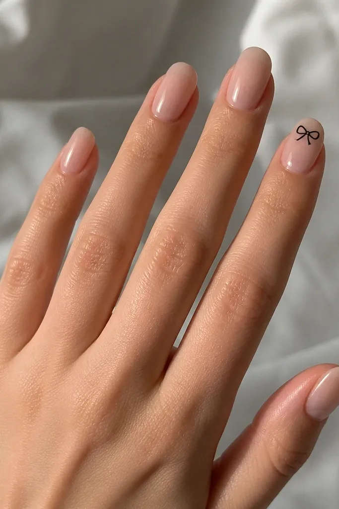 Sheer nude nails glossy; ring finger has a tiny black bow with two loops and a small center knot near the tip; other nails are plain.