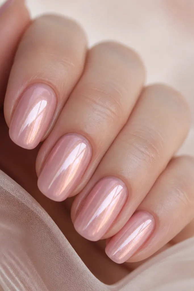 Soft rose pink nails with a glossy base; over it there is a fine rose quartz chrome dust effect that shifts from pink to peach under light.