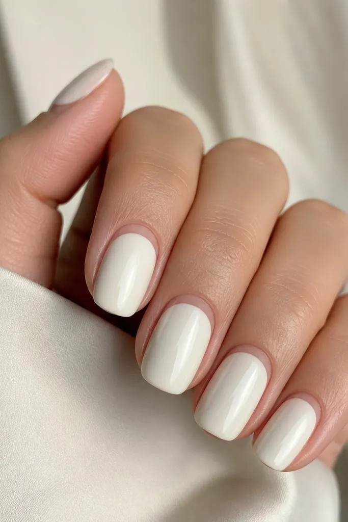 Creamy white nails glossy; each nail has a soft nude half-rim just at the cuticle line like a thin crescent; neat and centered.