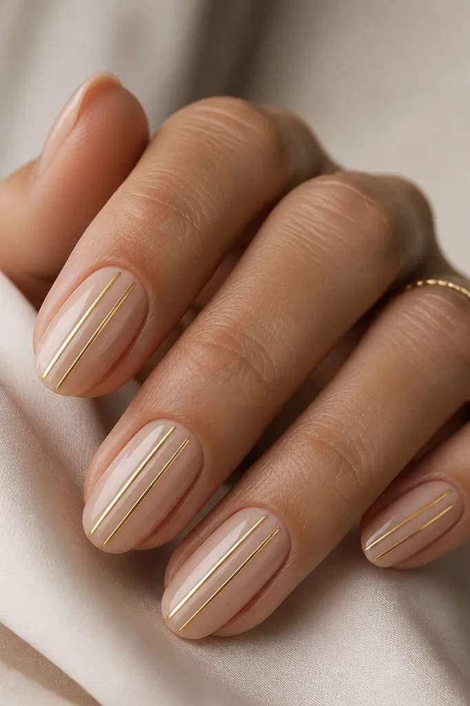 Champagne nude nails glossy; each nail has two thin vertical gold stripes spaced apart near the center of the nail.