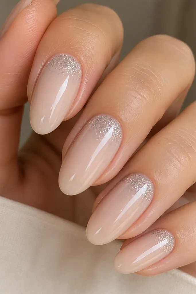 Close-up of almond nails in a sheer champagne nude. The cuticle area has a tiny burst of fine silver micro-glitter, fading outward, with a high-gloss top coat.