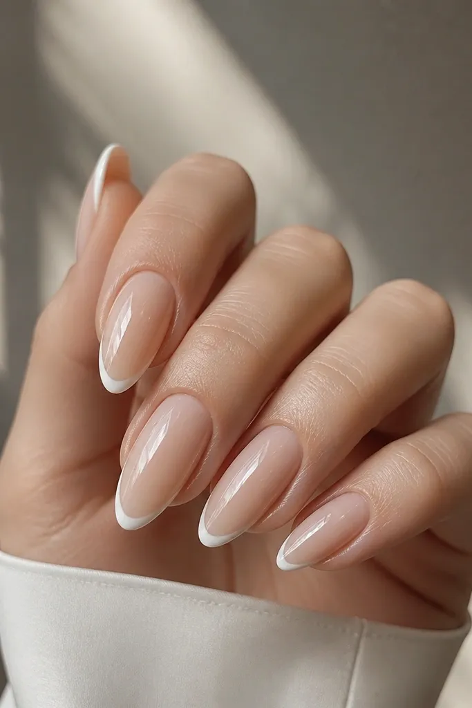 Almond nails with sheer nude base and crisp white French tips. The smile line is thin and straight, and the top coat looks mirror-gloss.