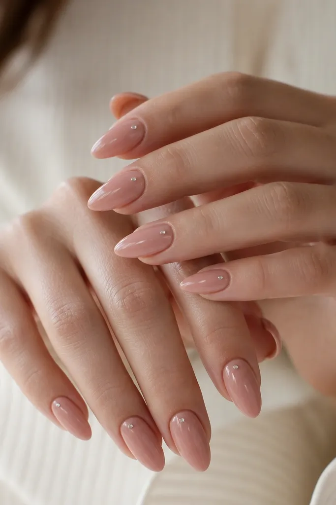 Almond nails in a rosy nude shade with one tiny clear rhinestone placed near the side of the cuticle on each nail. Glossy finish with smooth edges.