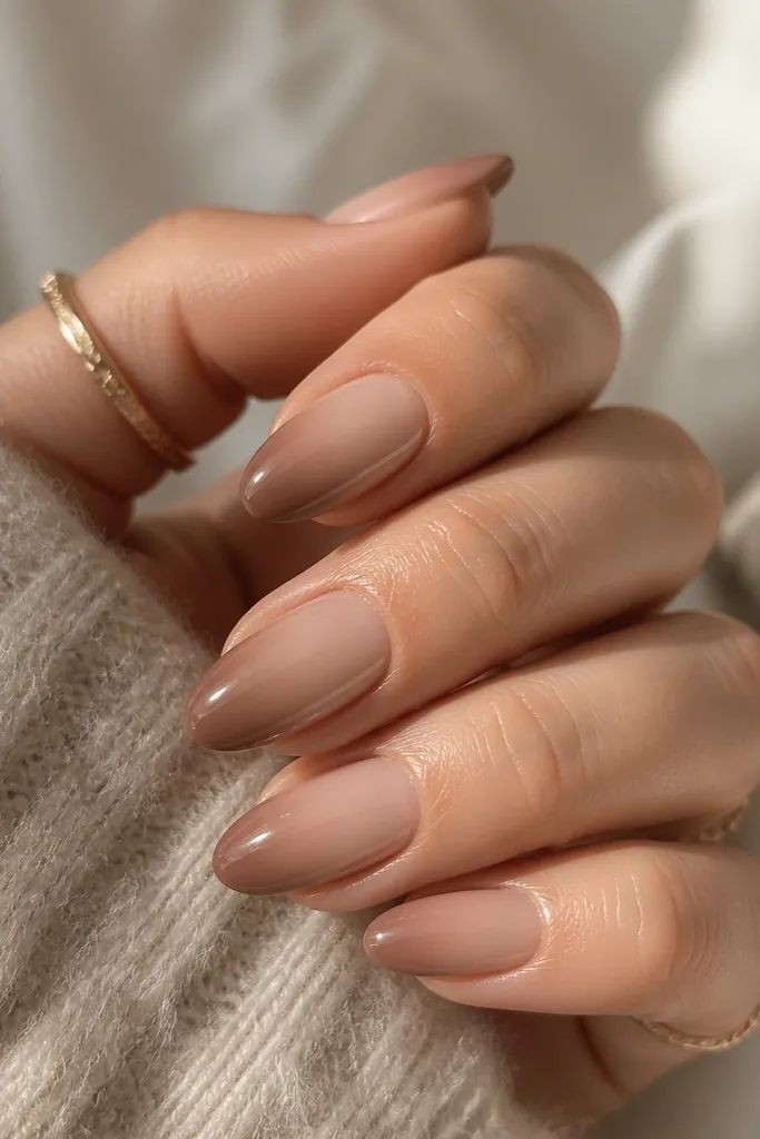 Almond nails with a smooth gradient from sheer nude near the cuticle to mocha taupe at the tip. The edges fade cleanly with a glossy finish.