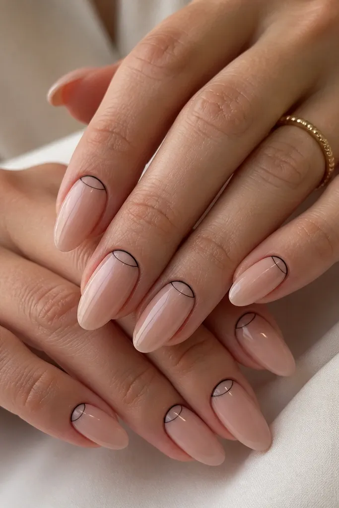 Almond nails with a sheer nude base. A thin black line creates a half-moon at the cuticle, and the rest of the nail stays clean and glossy.