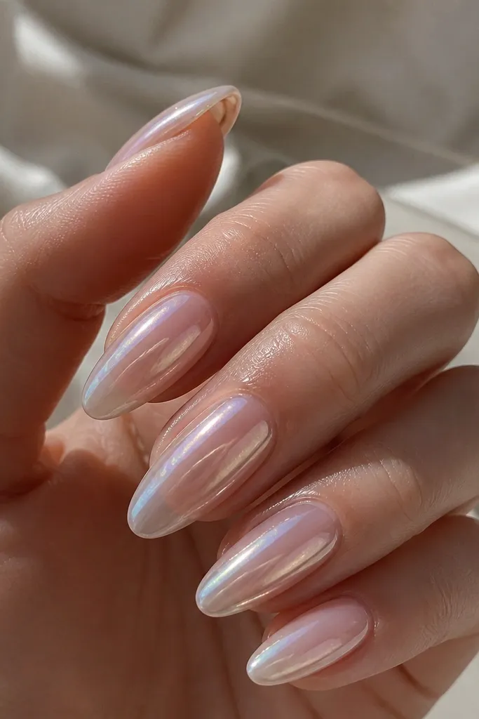 Almond nails with a translucent pearl finish over a faint soft pink base. The pearl shifts slightly with light, and the nails look glassy.