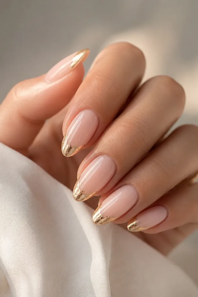 Almond nails in a blush nude base with small irregular gold foil pieces clustered at the very tip. The foil is sealed under a glossy top coat.