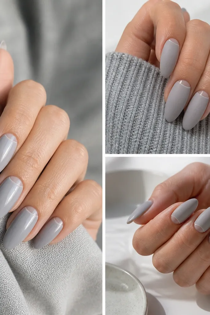 Almond nails painted soft grey with a matte finish. A thin matte-to-gloss contrast stripe sits at the cuticle, and the rest stays glossy or semi-matte depending on the panel.