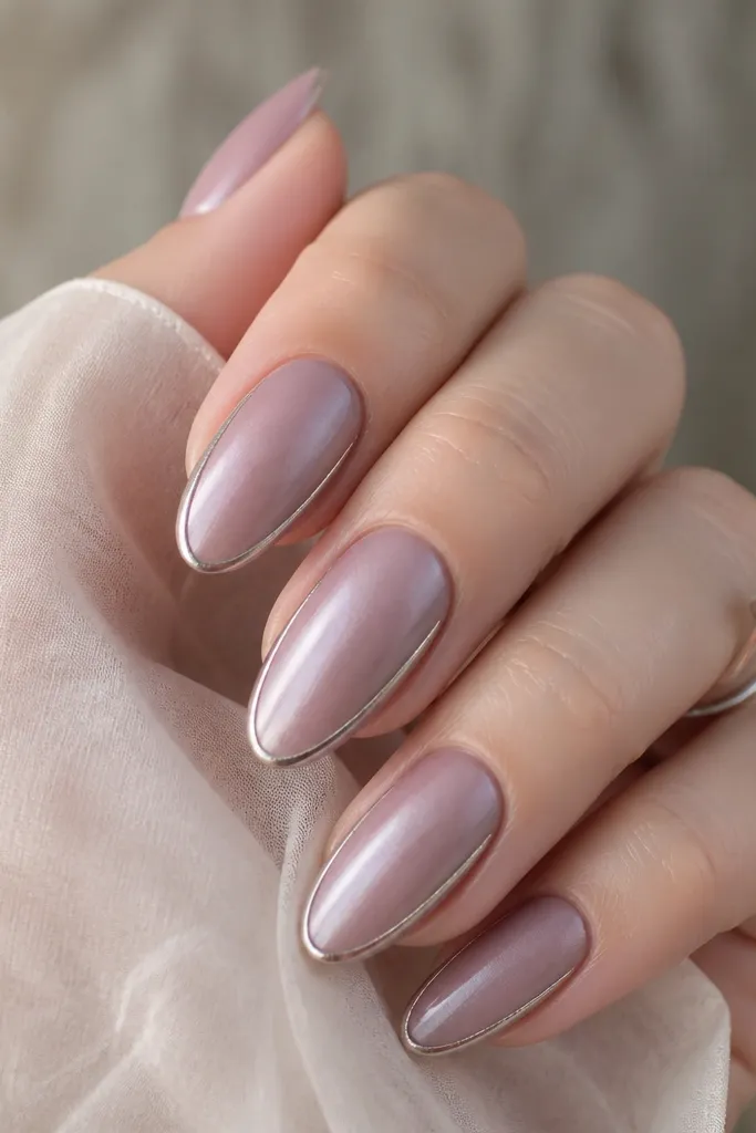 Iced mauve almond nails with a soft, frosty sheen. Fine silver lines run down each side near the free edge, evenly spaced.