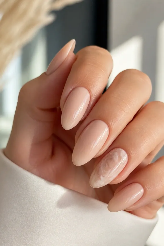 Sheer nude almond nails with one accent nail featuring soft nude marble swirls in beige and taupe. Other nails stay plain nude with glossy shine.