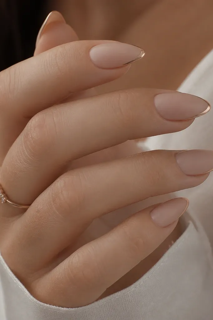 Almond nails in a satin nude finish with a thin rose-gold line along the very edge of the tip. The line is straight and reflective.