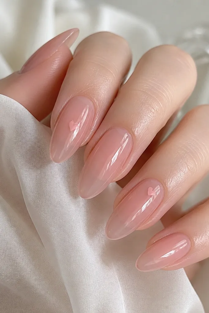 Clear jelly almond nails with a translucent pink tint. One or two nails have a tiny pink heart near the cuticle, and all nails have a glossy jelly shine.