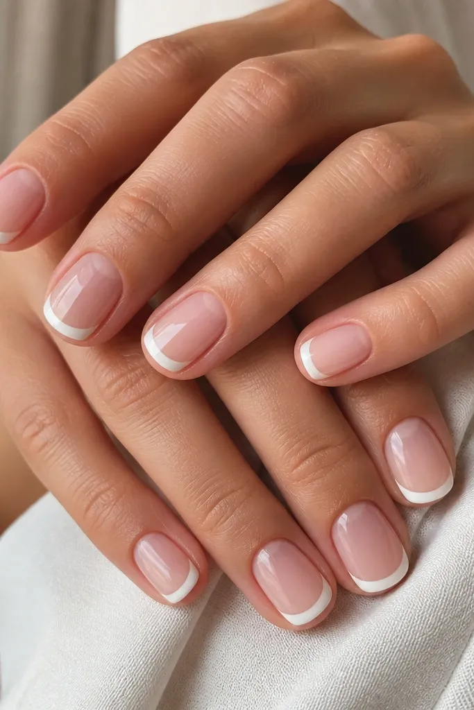 Hands with short, rounded nails. The base is sheer milky pink. The French tips are creamy off-white with a rounded smile line, no extra gems, just a high-gloss finish.