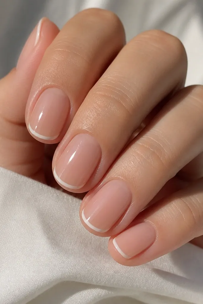 Close-up of medium-short nails with a nude-pink base. The French tips are bright classic white but extremely thin, like a hairline, with a neat curved edge and glossy shine.
