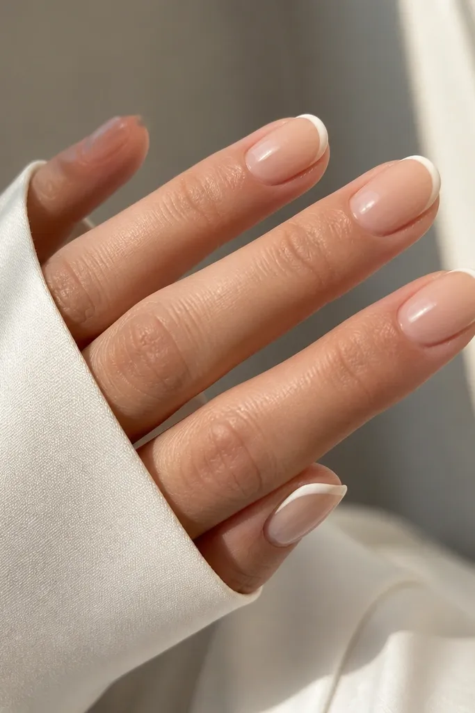 Short almond nails with a nude-beige base and ivory French tips. One tiny dot sits on the side of the ring finger near the cuticle line, with a glossy finish.