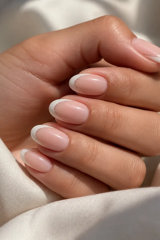 Nails have a sheer blush base. The French tips are soft white, and along the very outer edge there's a thin line of fine blush-pink micro glitter. Glossy top coat gleams under light.