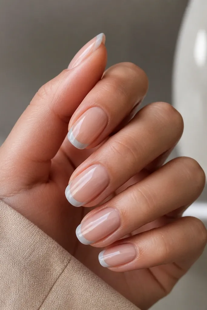 Medium-short nails with a sheer nude base. The French tips are a cool gray-white shade, with a smooth curved smile line and glossy top coat.