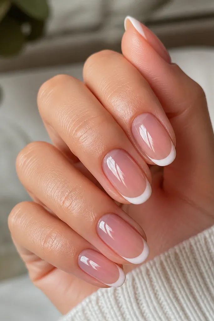 Nails look translucent like jelly. The base is clear jelly rose, and the French tips are soft cream white with a crisp but thin smile line. High gloss reflects light.