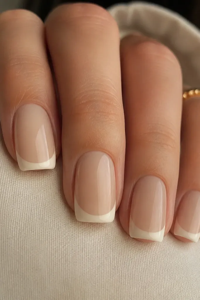 Soft square nails with a beige nude center. The French tip is a creamy off-white, with squared outer corners softened by a rounded top coat finish.