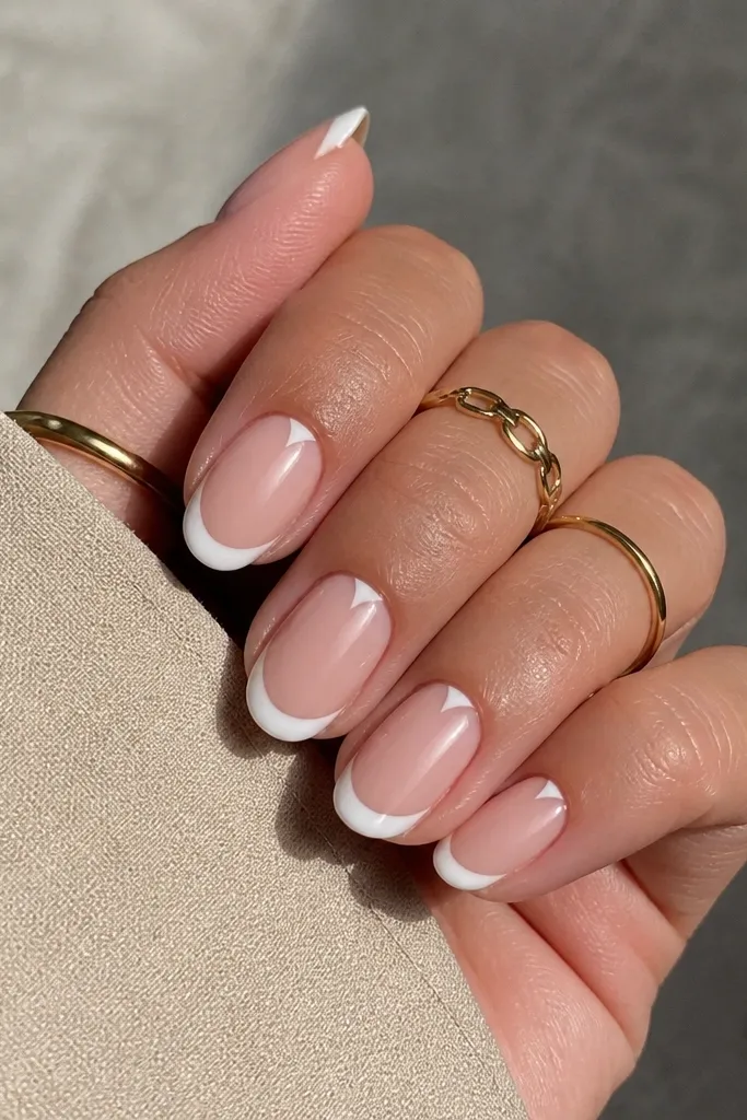 Nails with sheer nude base. French tips are creamy white. On the ring finger, there's a tiny V-shape accent line just under the cuticle in nude, with glossy top coat.