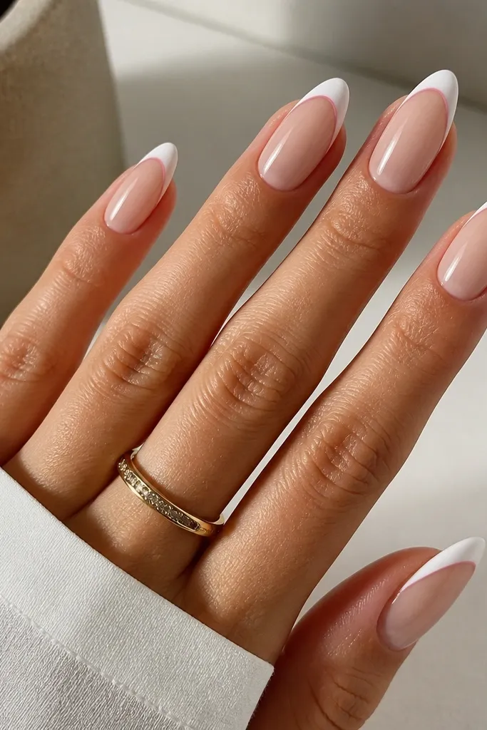 Longer almond nails with a sheer nude base. The French tip is mostly soft white, with a thin blush-pink stripe running along the inner edge of the tip. Glossy finish.