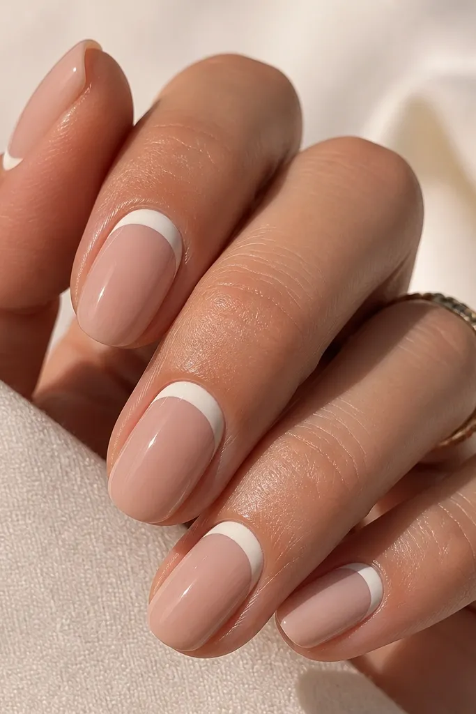 Nails with a nude base. The accent is at the cuticle area - a creamy off-white curve that follows the cuticle line like an upside-down French tip. Glossy finish.